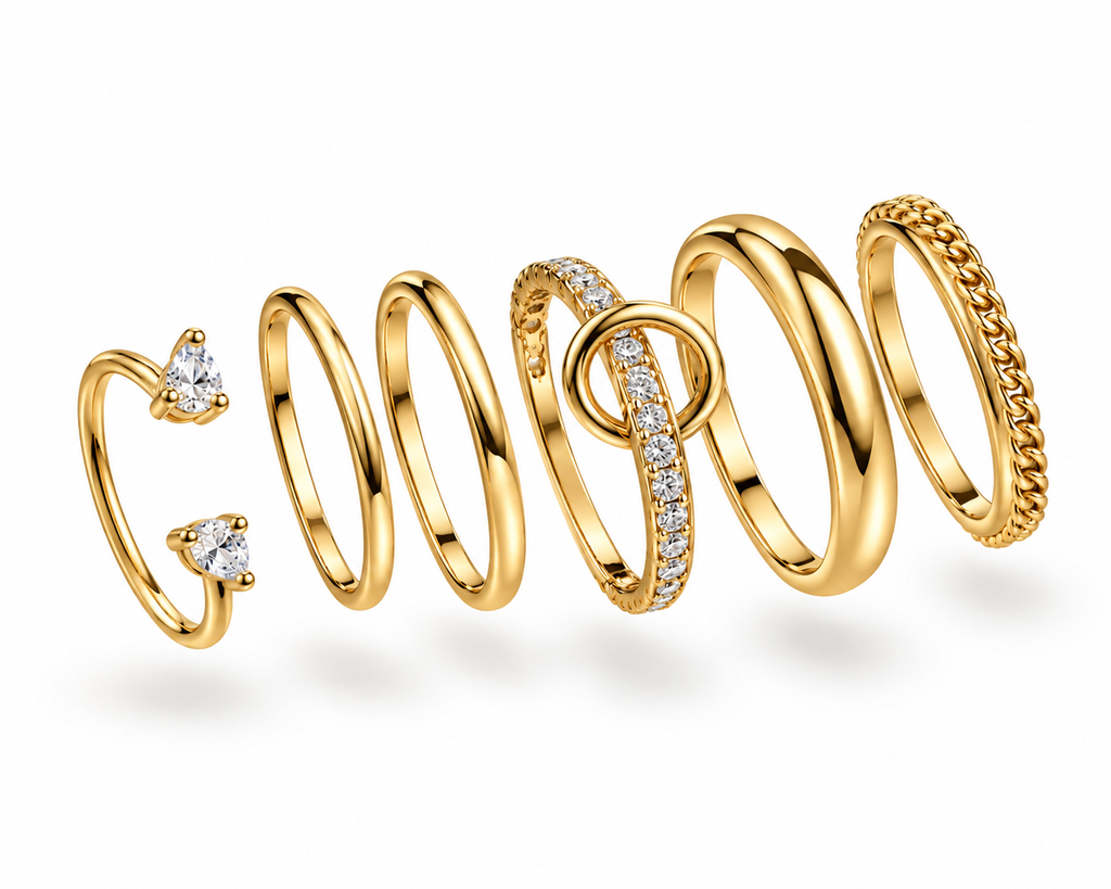 CZ Pave And Paperclip Link Stacking Ring Set - Gold