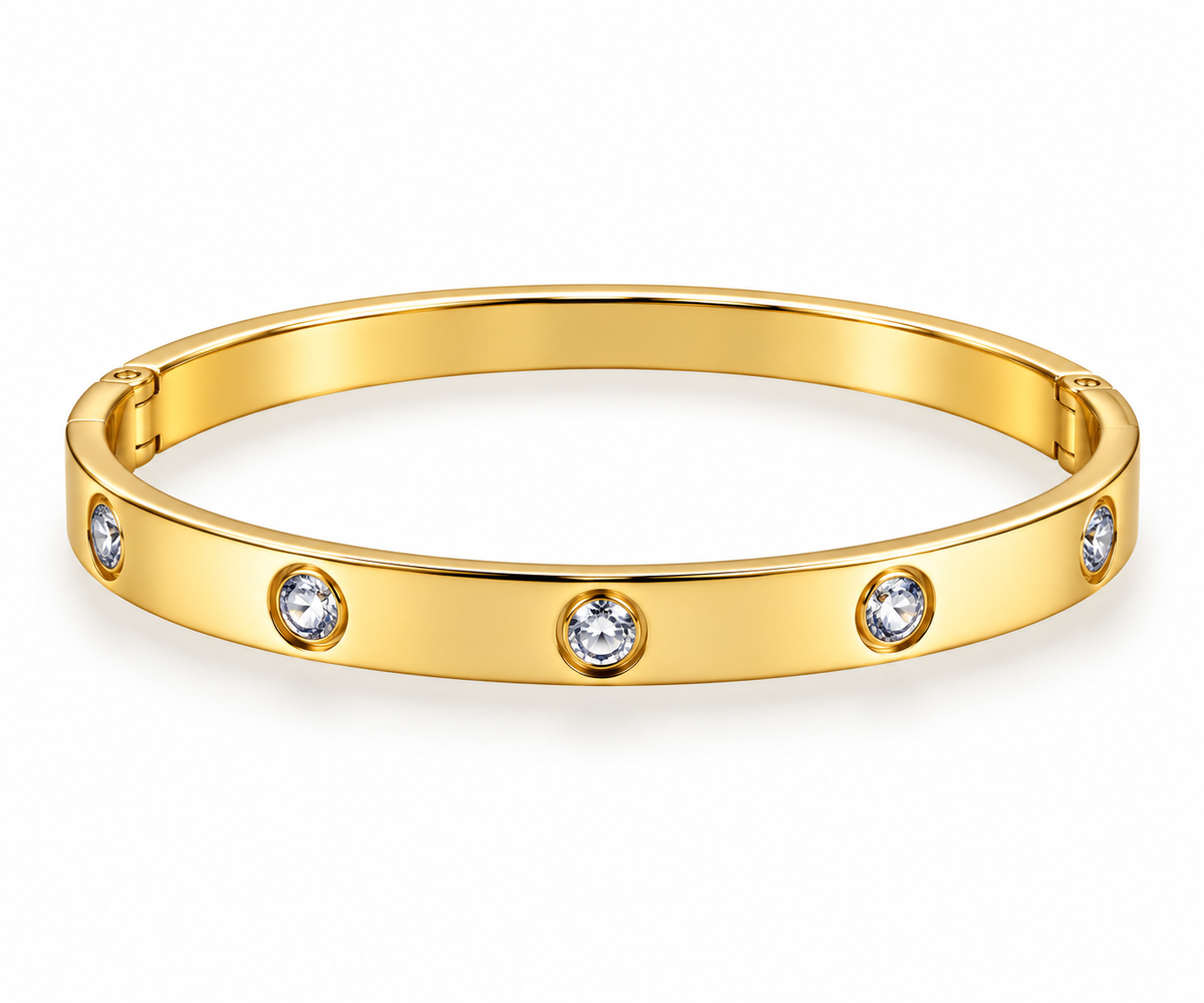 Stainless Steel Bezel CZ Station Bangle - Gold