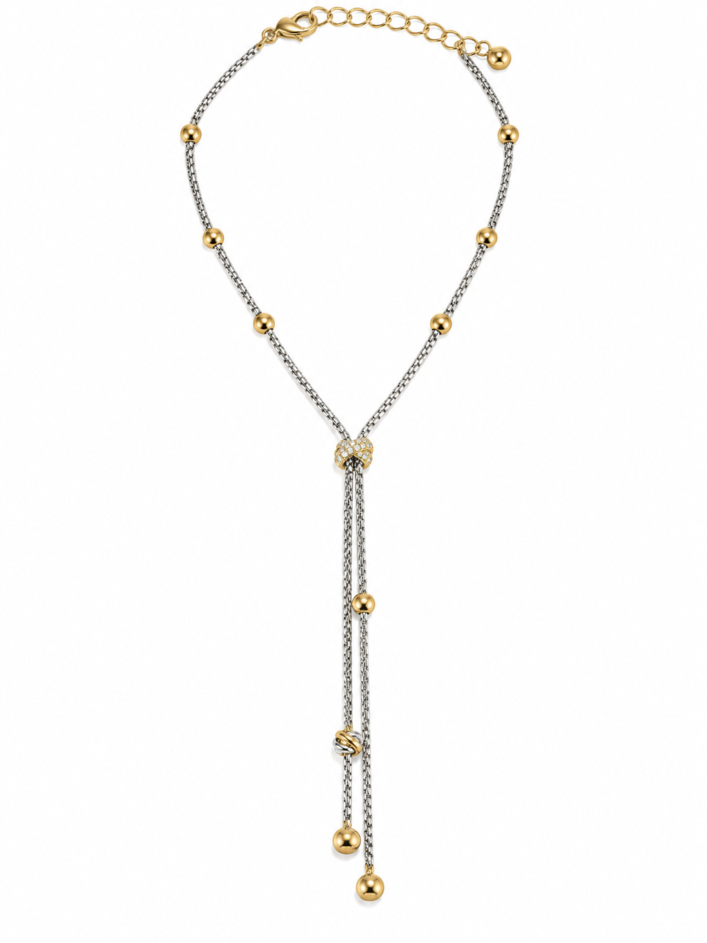 Two Tone CZ Slider Lariat Tassel Necklace