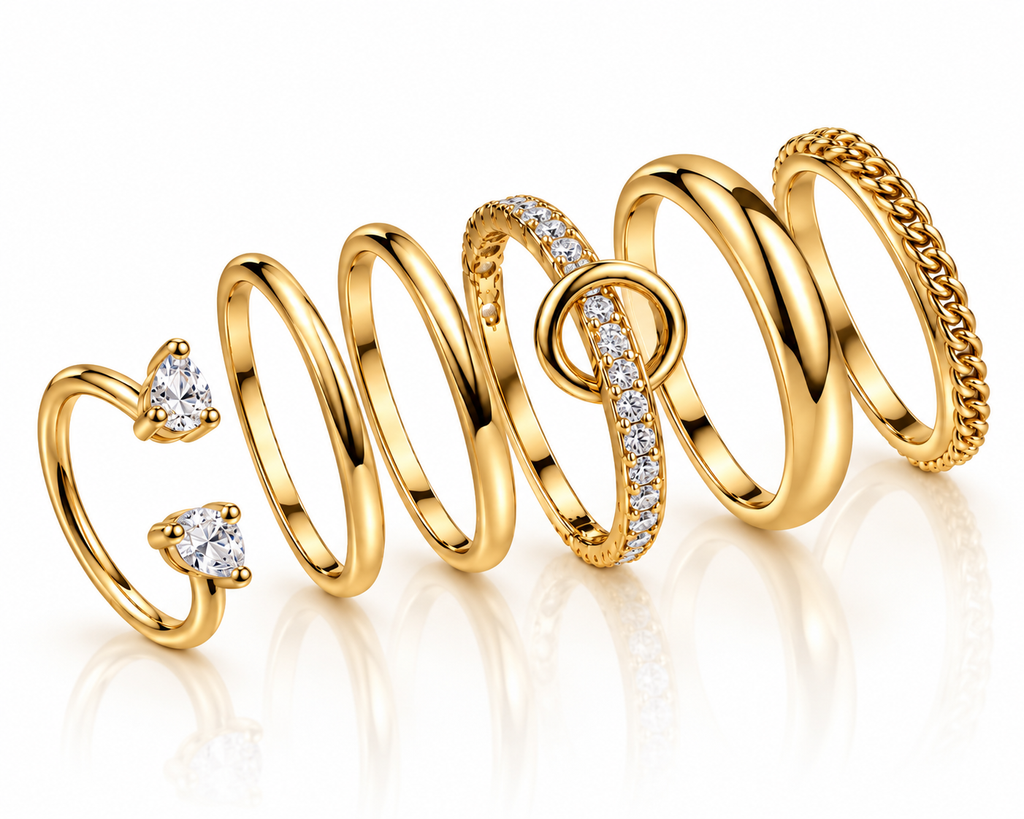 CZ Pave And Paperclip Link Stacking Ring Set - Gold