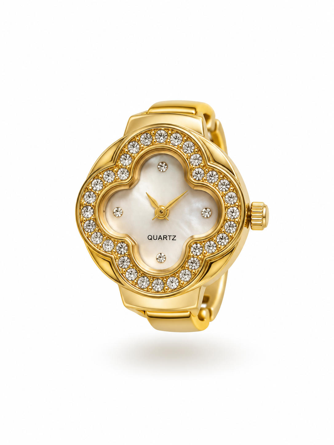Stainless Steel CZ Clover Ring Watch - Gold