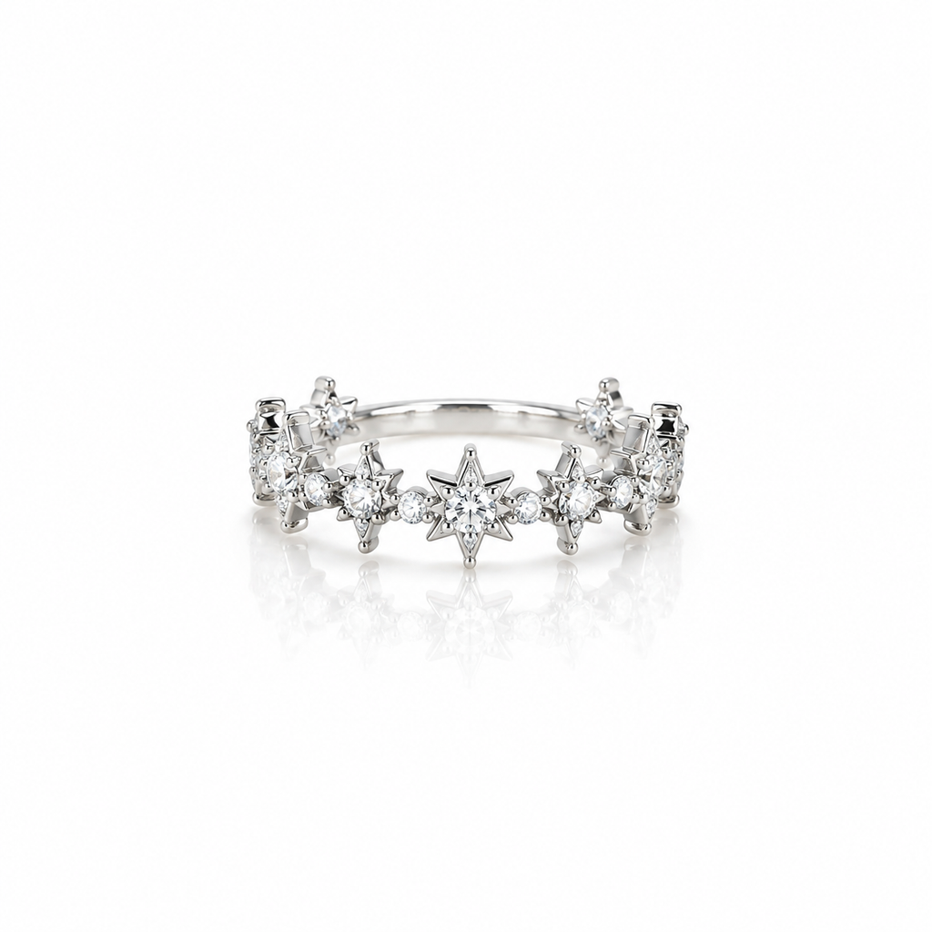 CZ Starburst Station Band Ring - Silver