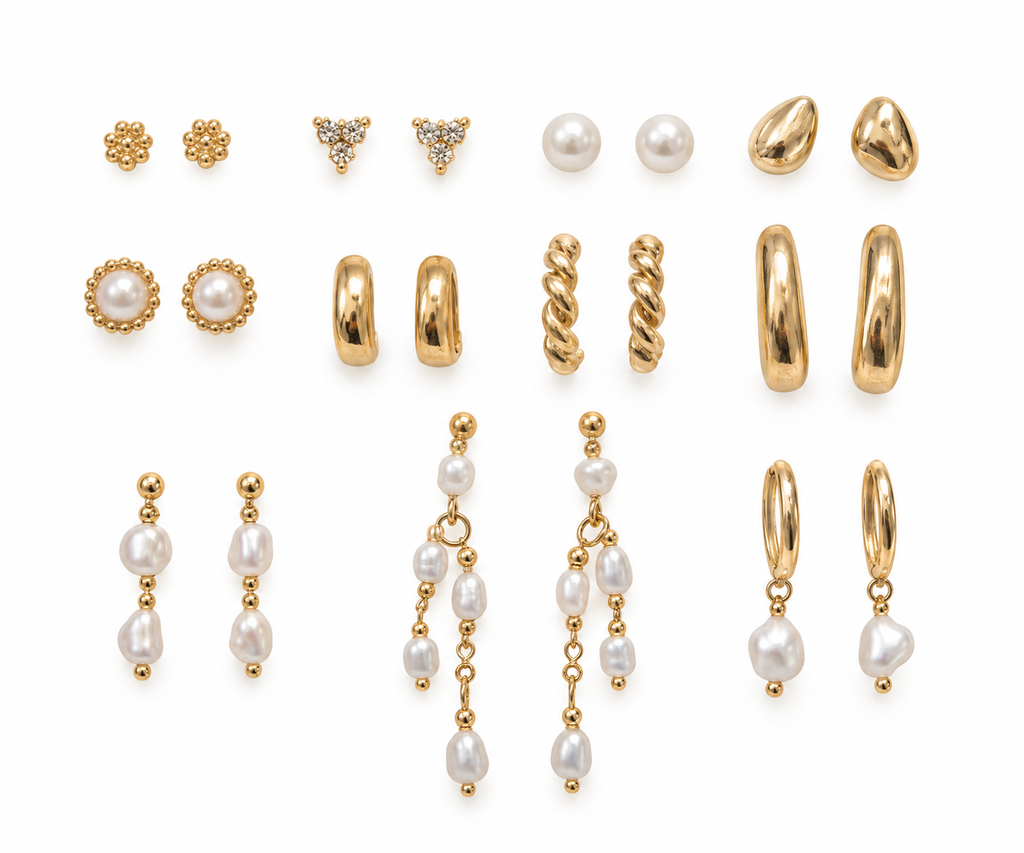 18K Gold Dipped Pearl Stud And Hoop Earrings Set - GCM