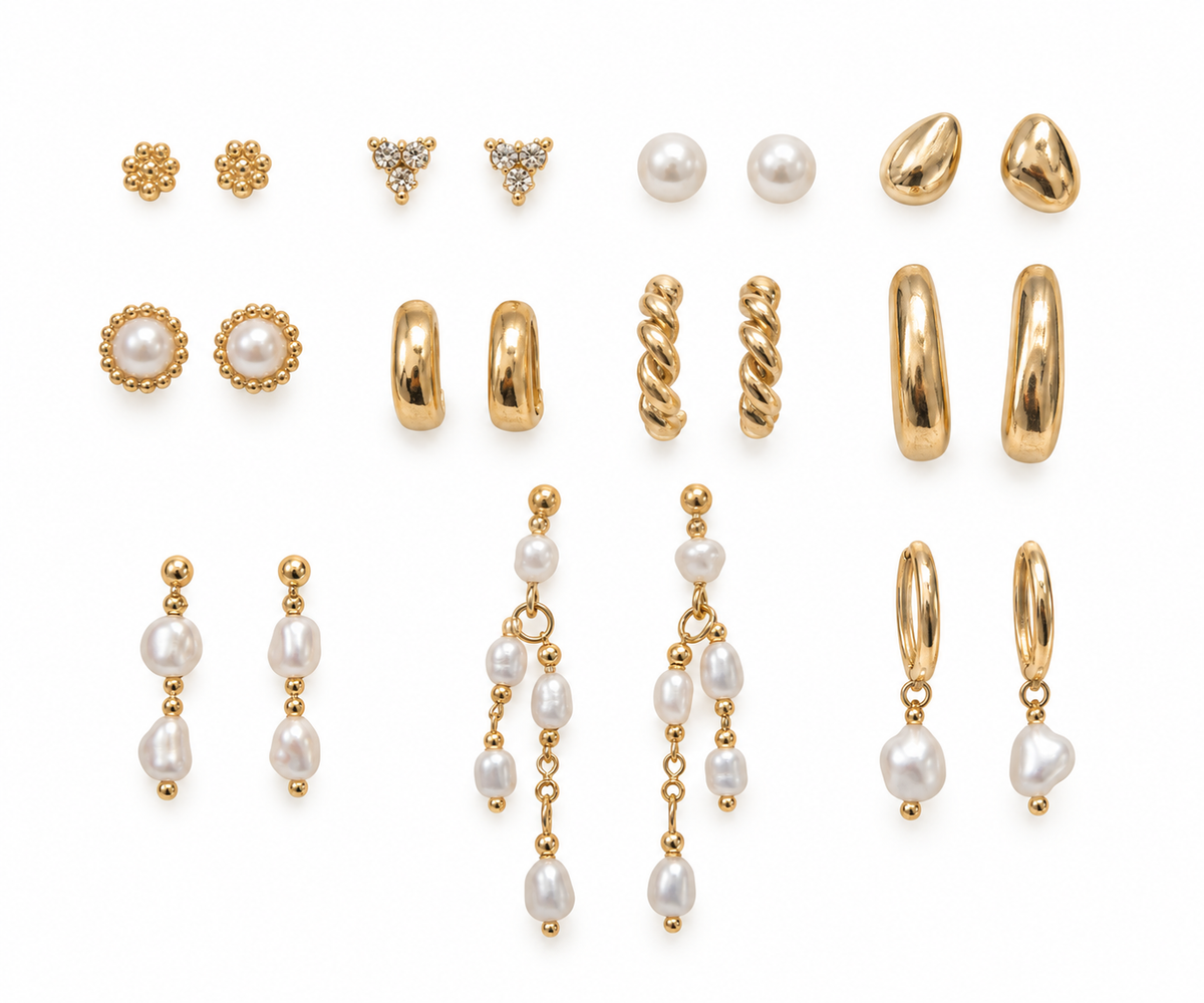 18K Gold Dipped Pearl Stud And Hoop Earrings Set - GCM