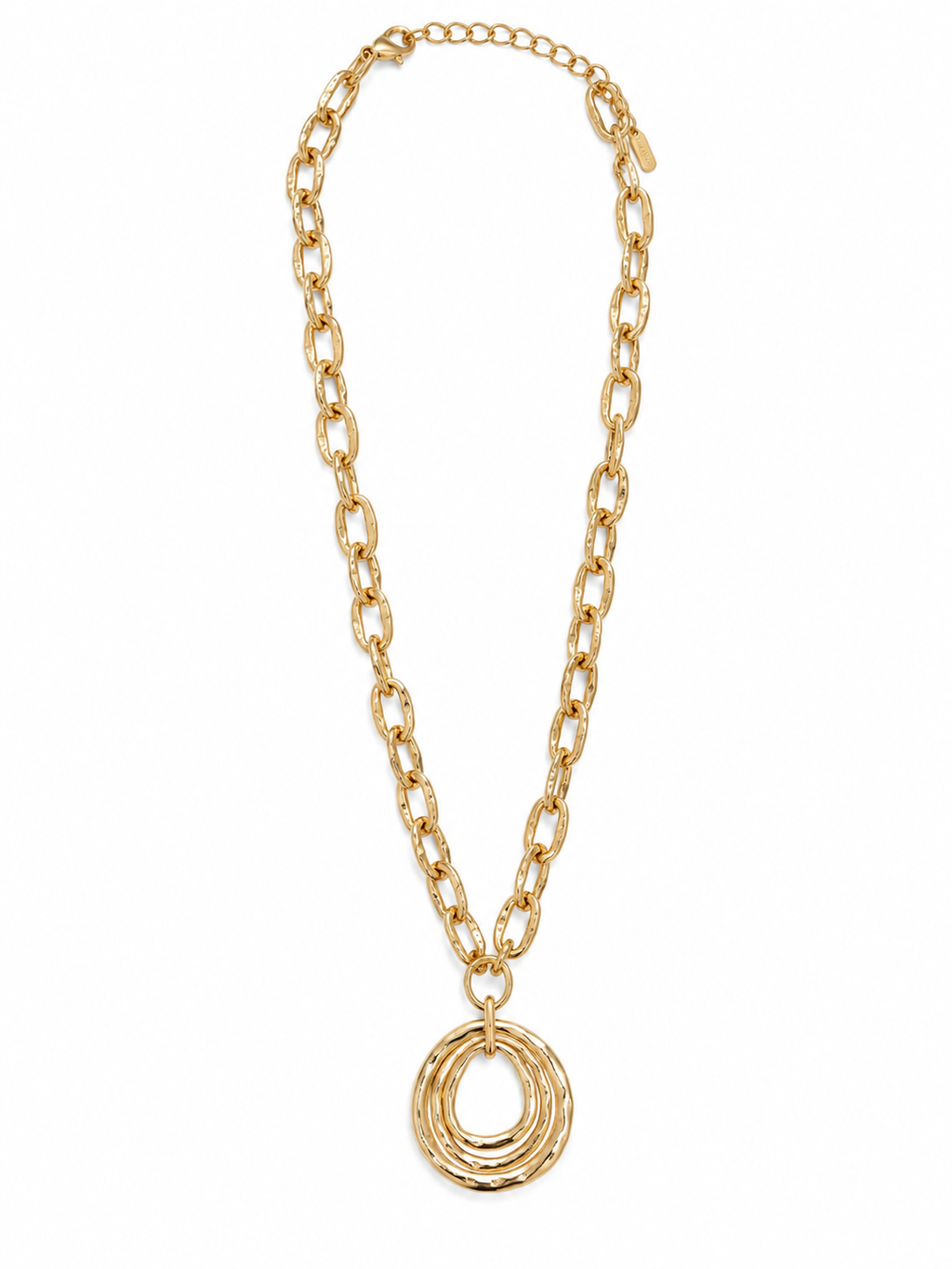 Chunky Oval Link Hammered Multi-Ring Pendant Necklace - Gold