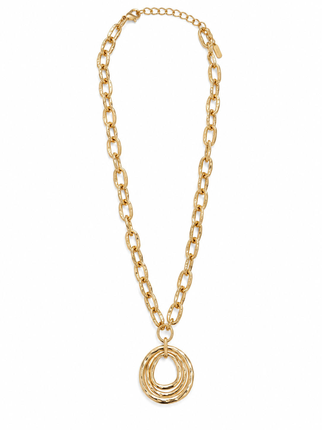 Chunky Oval Link Hammered Multi-Ring Pendant Necklace - Gold