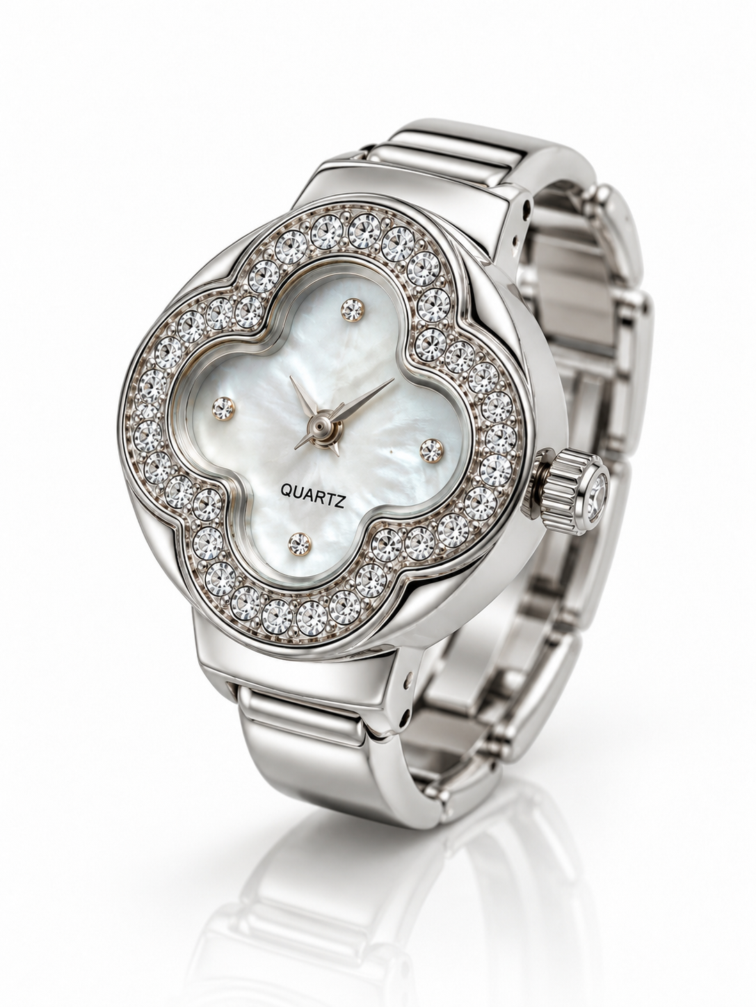 Stainless Steel CZ Clover Ring Watch - Silver