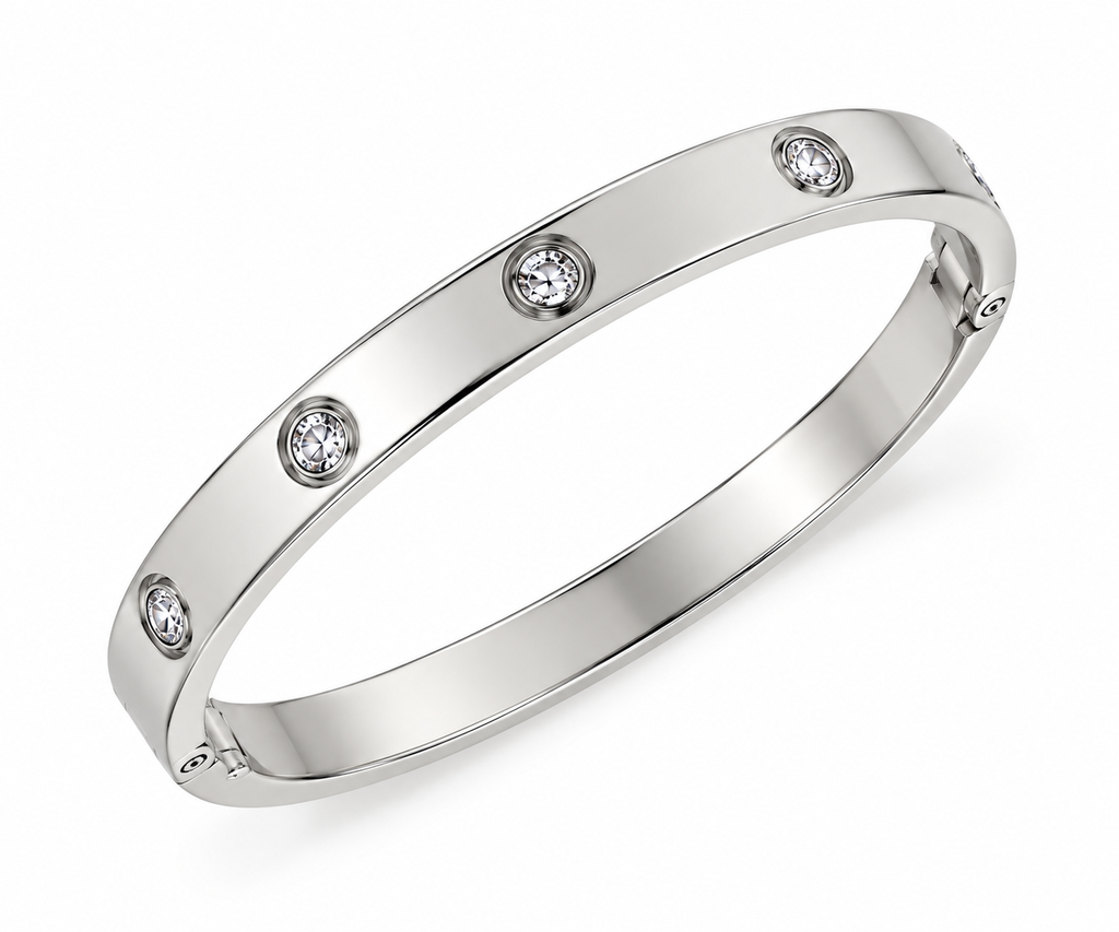 Stainless Steel Bezel CZ Station Bangle - Silver