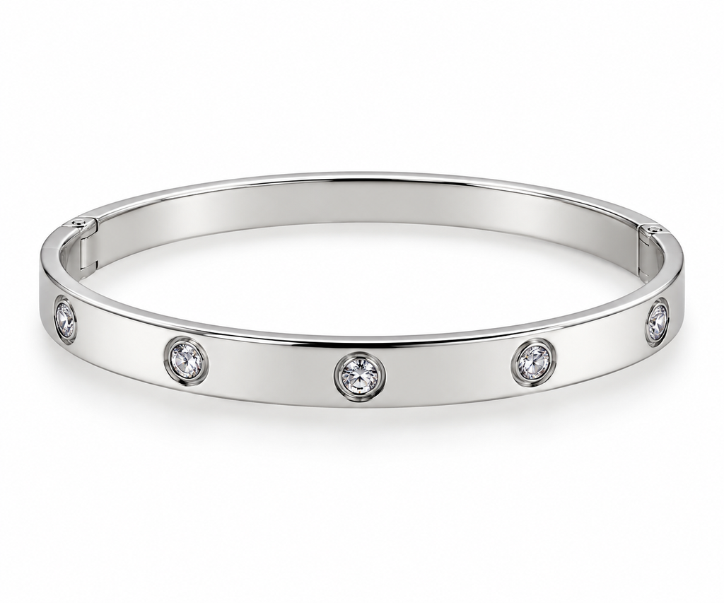 Stainless Steel Bezel CZ Station Bangle - Silver