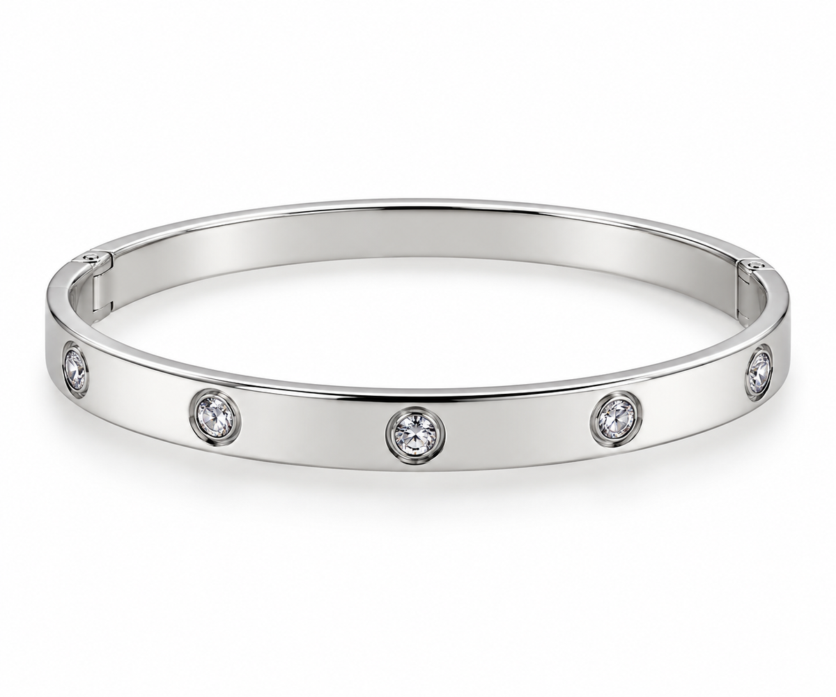 Stainless Steel Bezel CZ Station Bangle - Silver