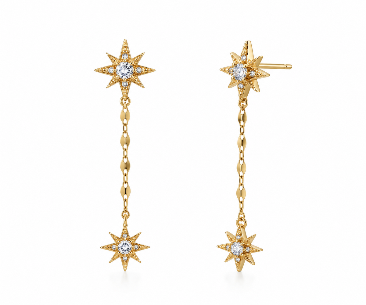 Celestial Starburst Chain Drop Earrings - Gold