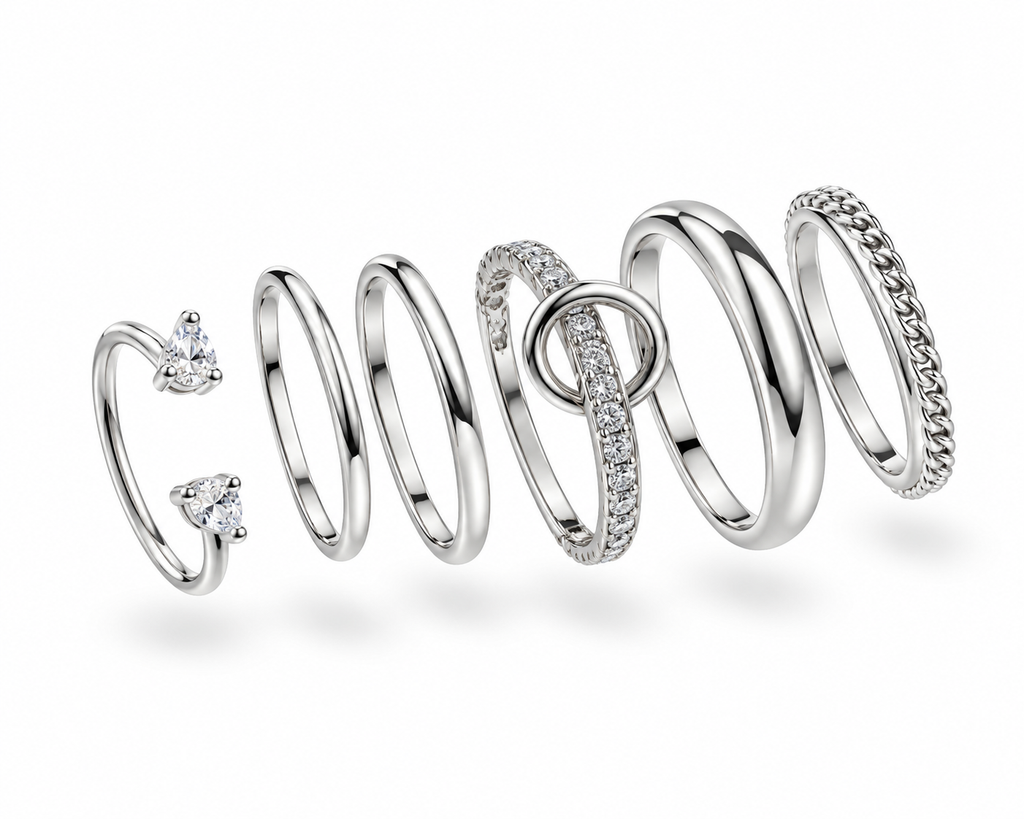 CZ Pave And Paperclip Link Stacking Ring Set - Silver