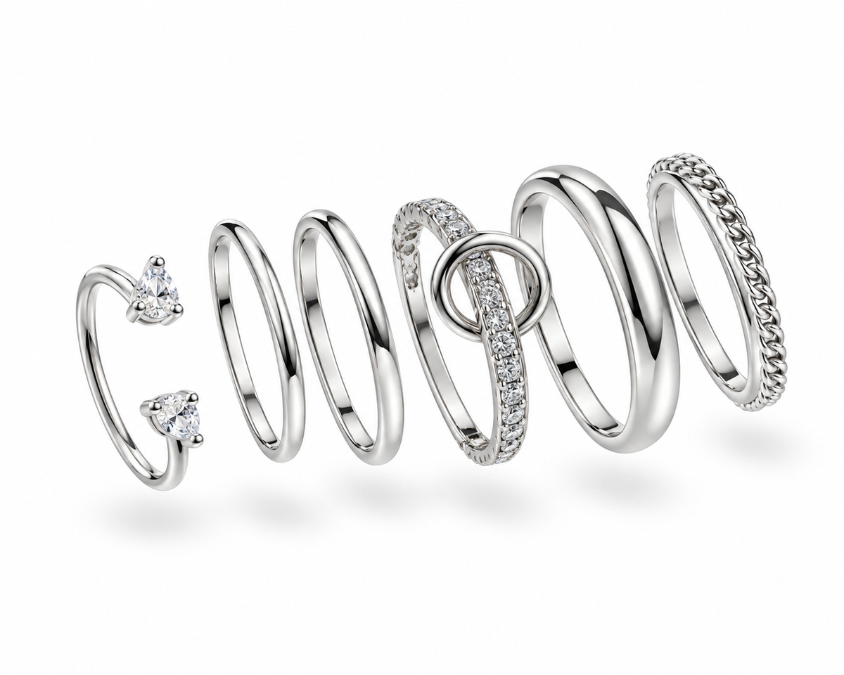 CZ Pave And Paperclip Link Stacking Ring Set - Silver