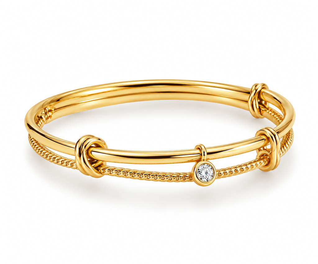 Piece Bangle Set With CZ Drop Charm - Gold