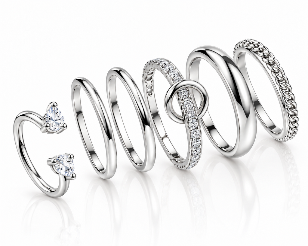 CZ Pave And Paperclip Link Stacking Ring Set - Silver