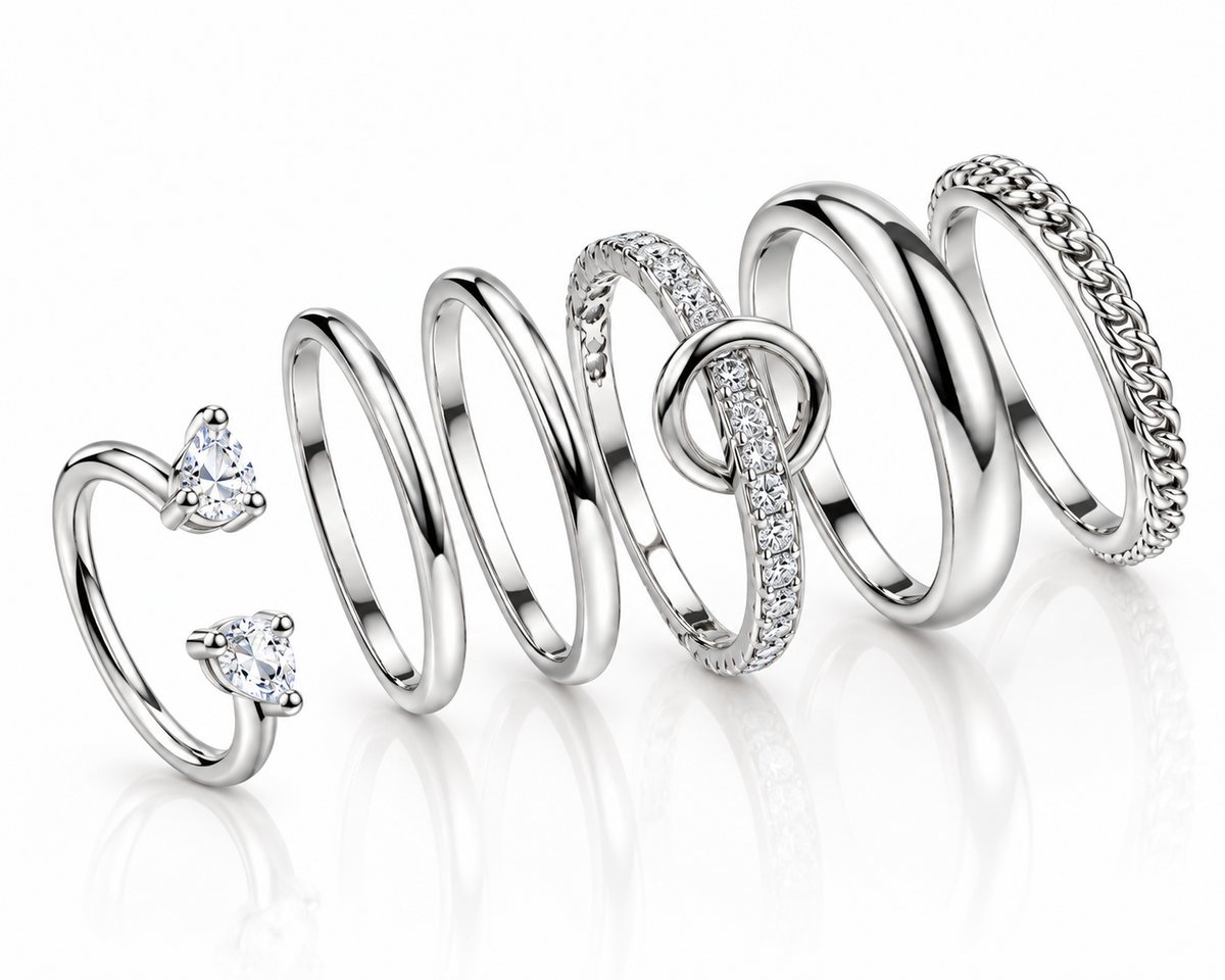 CZ Pave And Paperclip Link Stacking Ring Set - Silver