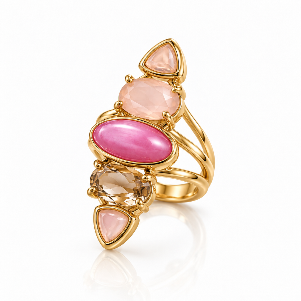 Elongated Five Stone Cocktail Ring - Gold Pink