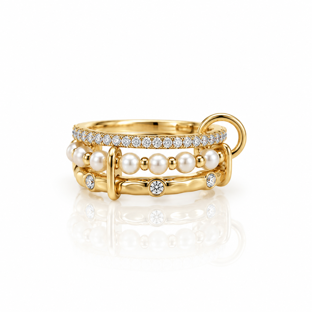 Linked Triple Band Ring With Pearl And CZ - GDCRY