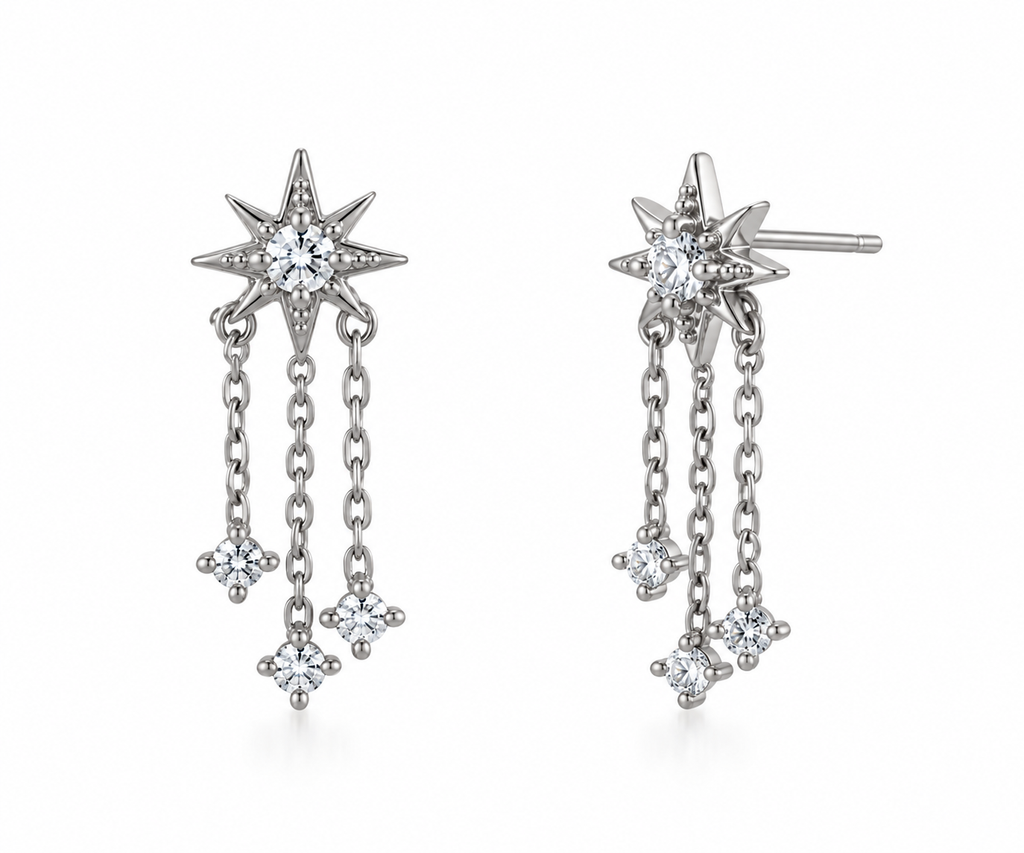 Starburst Stud Triple Chain Drop Earrings - Silver