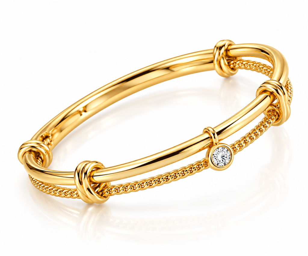 Piece Bangle Set With CZ Drop Charm - Gold