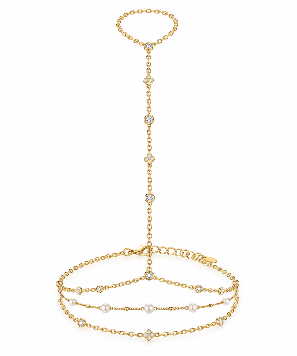 Linked Triple Band Ring With Pearl And CZ - Gold