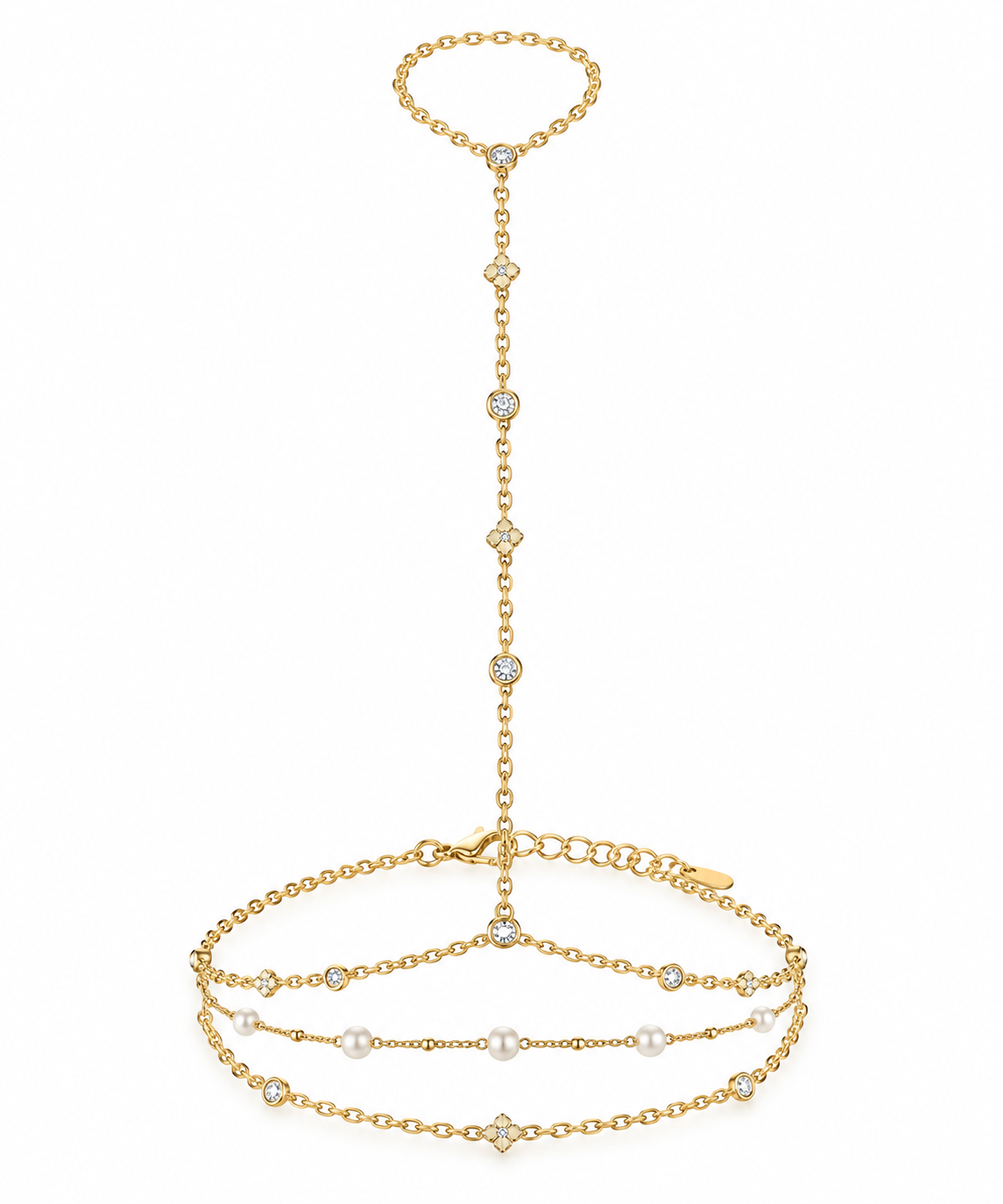 Linked Triple Band Ring With Pearl And CZ - Gold