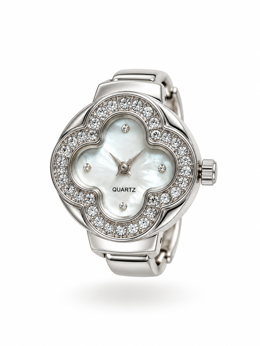 Stainless Steel CZ Clover Ring Watch - Silver