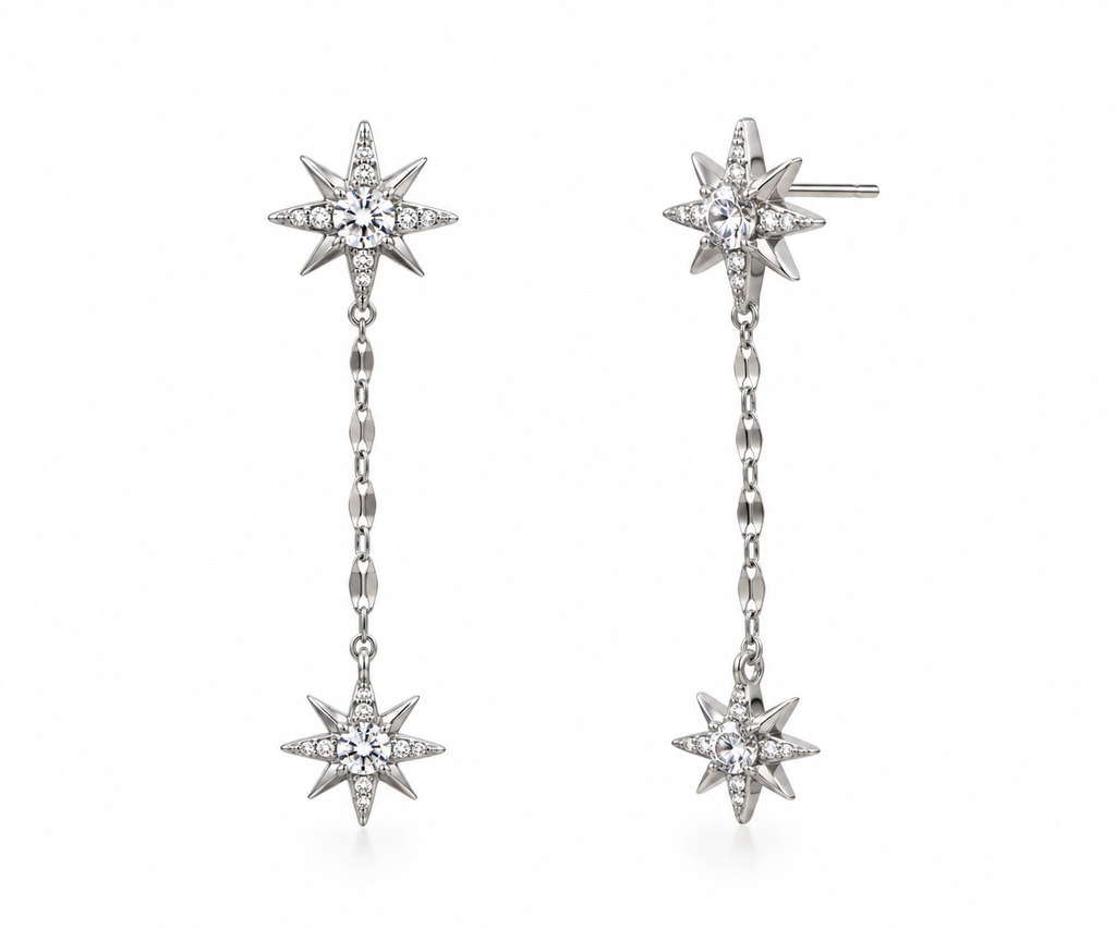 Celestial Starburst Chain Drop Earrings - Silver