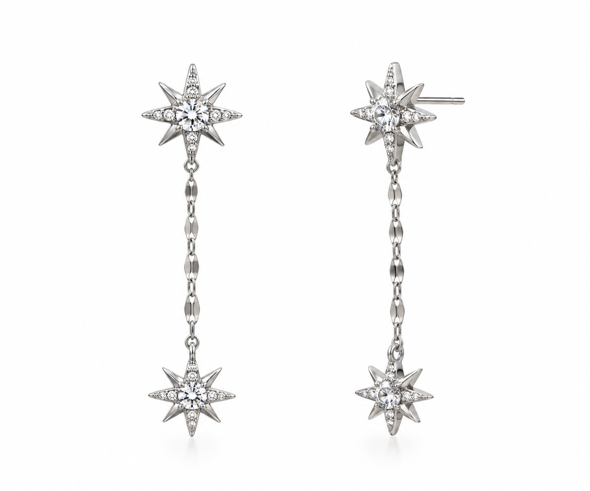 Celestial Starburst Chain Drop Earrings - Silver