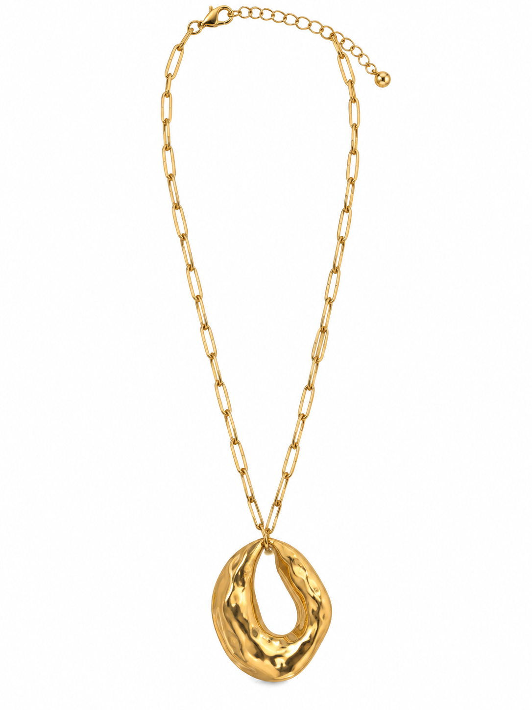 Hammered Open Oval Pendant Paperclip Necklace - Gold