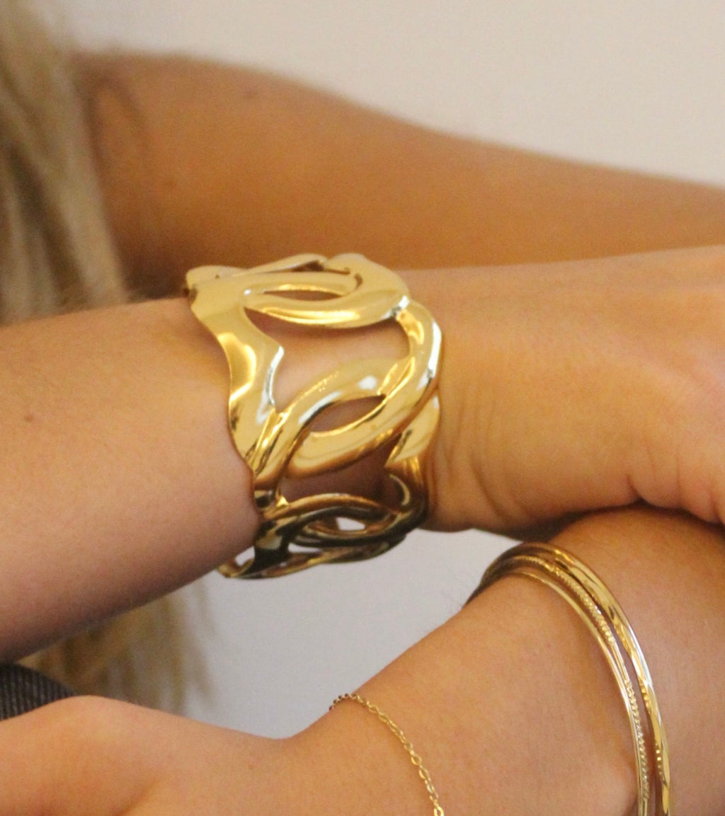 Stainless Steel Linked Chain Cuff Bracelet - Gold