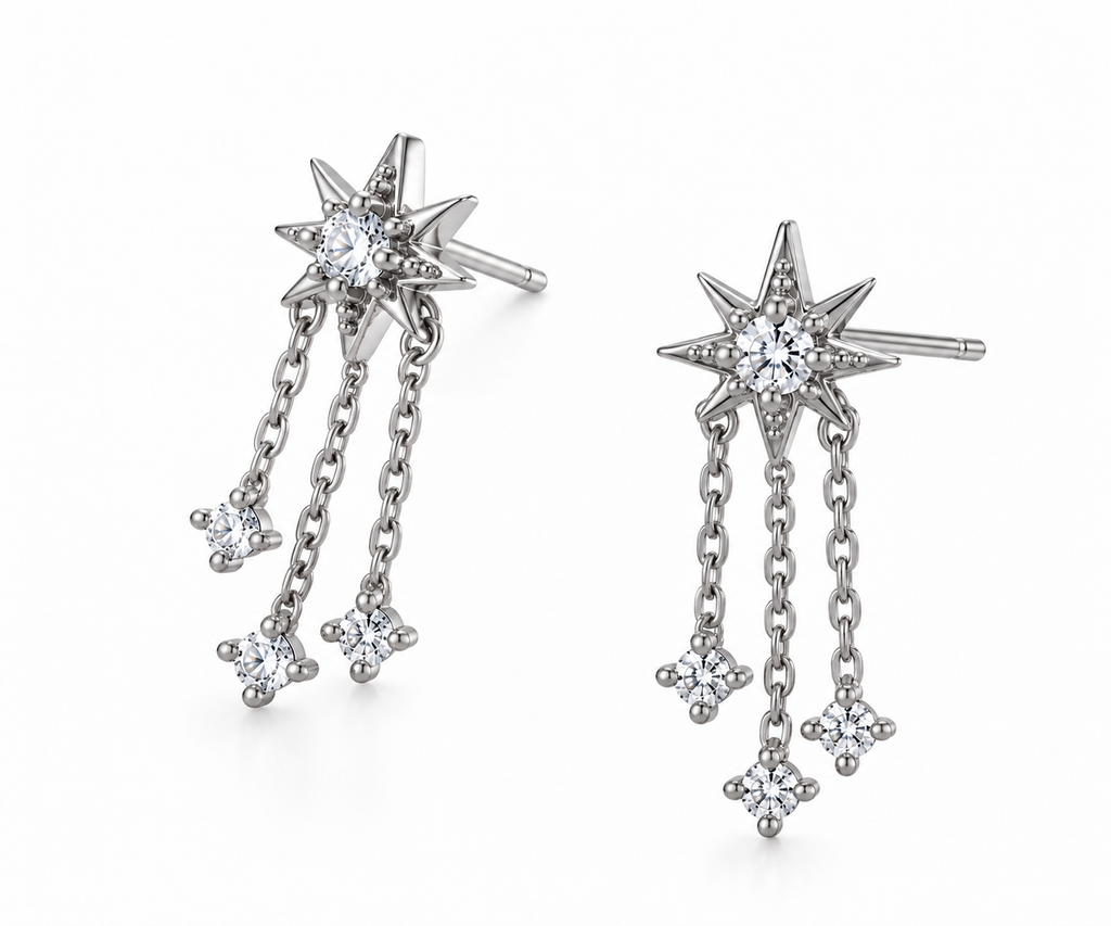 Starburst Stud Triple Chain Drop Earrings - Silver