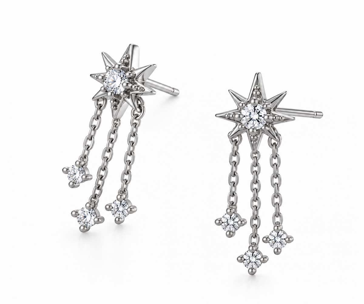 Starburst Stud Triple Chain Drop Earrings - Silver