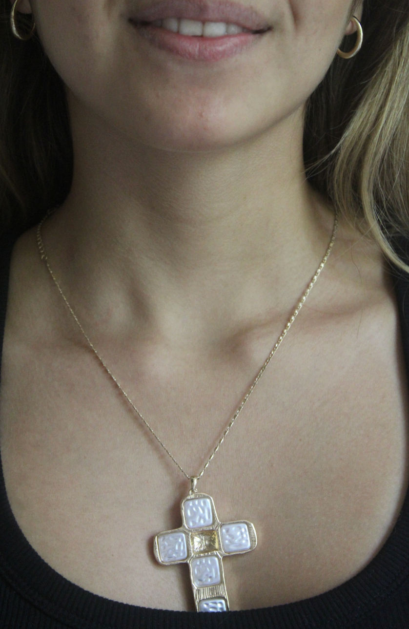 Square Pearl Inlay Cross Pendant Necklace - GCM