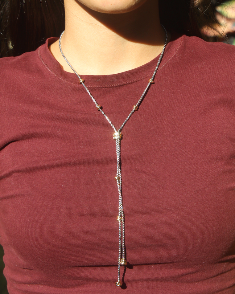 Two Tone CZ Slider Lariat Tassel Necklace