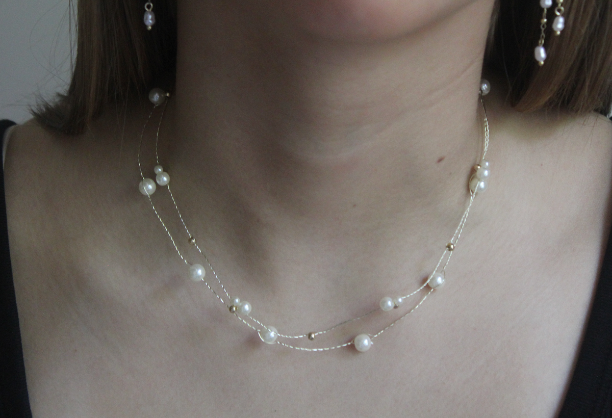 Mixed Pearl Beads Dainty Station Chain Necklace - Gold