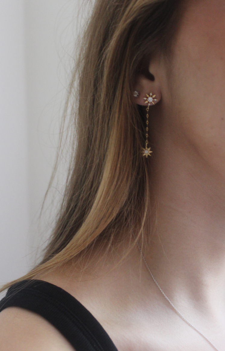 Celestial Starburst Chain Drop Earrings - Gold
