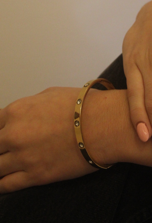 Stainless Steel Bezel CZ Station Bangle - Gold
