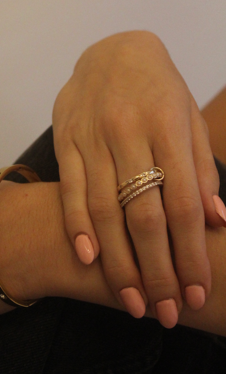 Linked Triple Band Ring With Pearl And CZ - GDCRY