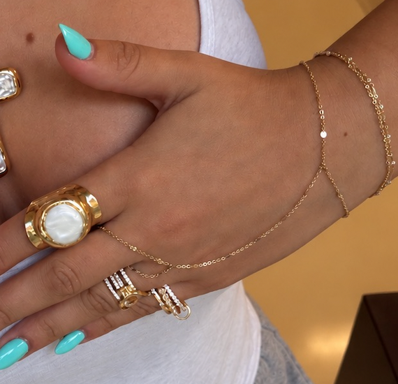 Linked Triple Band Ring With Pearl And CZ - Gold